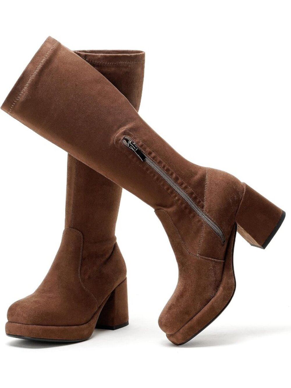 Women's Suede Brown Knee High Boots Platform Chunky Heel Tall Boots Side Zipper